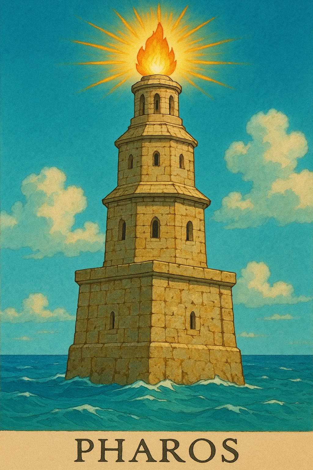 A three-tiered ancient tower named Pharos with a squared base, octagonal middle, and cylindrical top. The tower has a stone texture with slight cracks and wear, showing its ancient but not ruined state. Each level has small windows or arches. At the top, there is a glowing fire or torch with gold/yellow and orange rays. The base of the tower is surrounded by blue waves lapping at it. The color palette consists of sandstone (beige/tan) for the tower, turquoise/blue for the sea, and warm gold for the fire. The style should be vibrant and detailed, capturing the essence of an ancient beacon by the sea. emoji