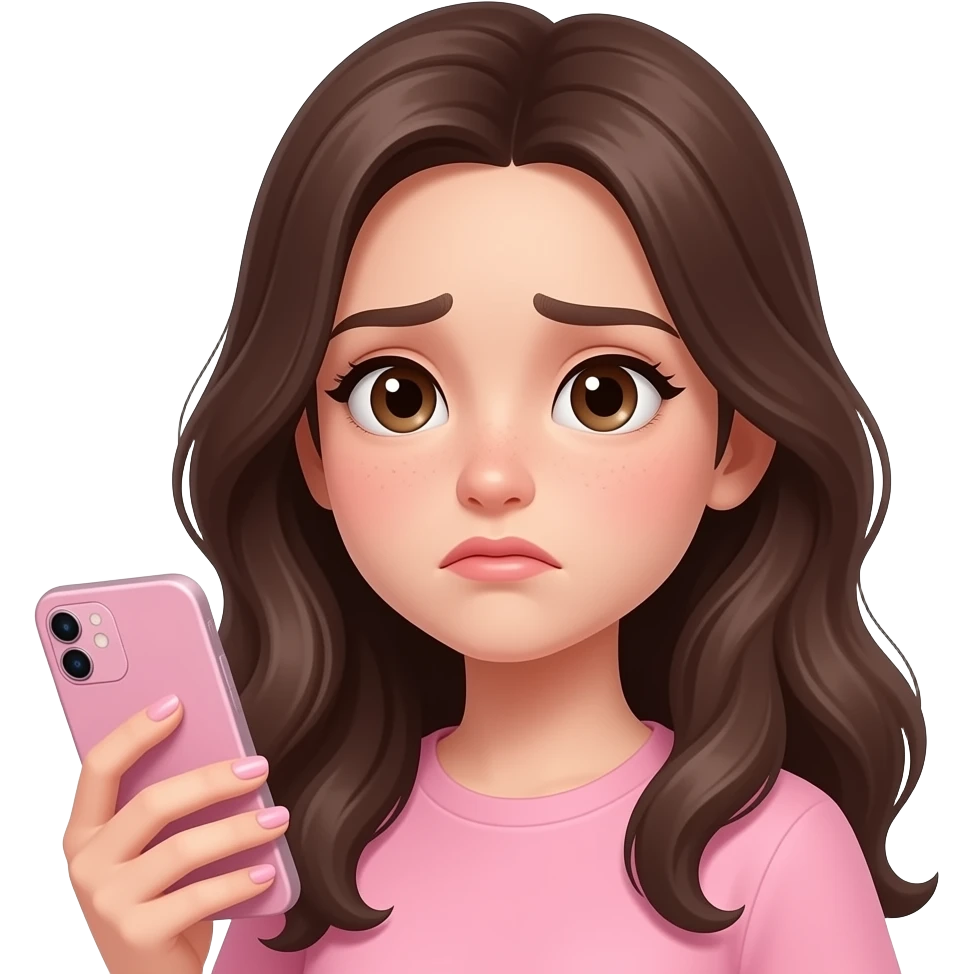 aesthetic emoji girl, slightly stressed expression, holding a smartphone in one hand, distracted, trendy nail art, soft pink and nude tones, minimal makeup, clean background, soft lighting, girly aesthetic, 3D emoji style, high detail emoji