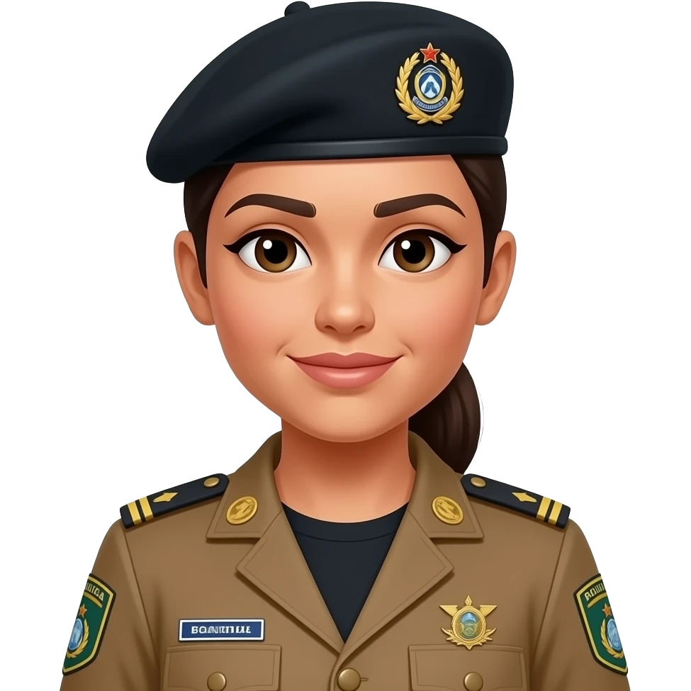 Sargento Policial militar da bahia feminina morena com cabelo amarrado boina preta e farda marrom e camisa preta por dentro da farda emoji