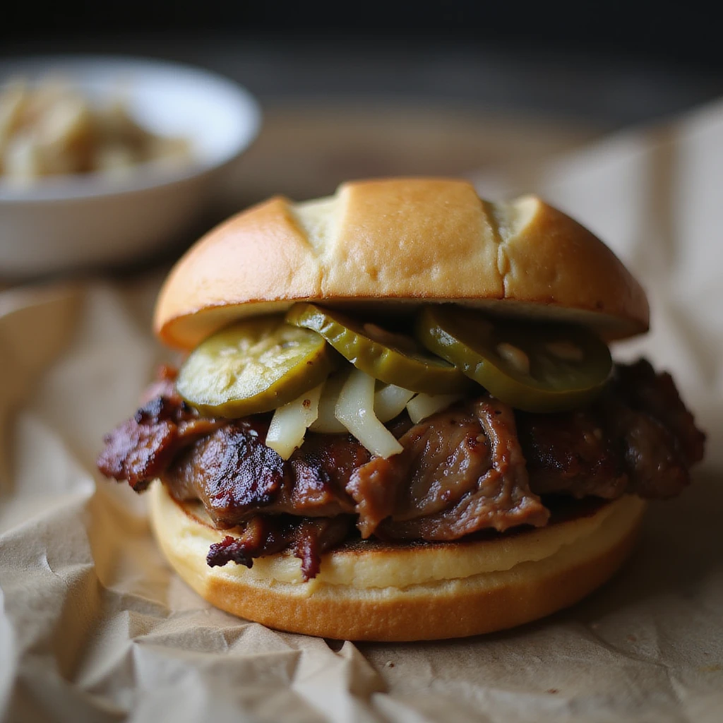 smoked beef brisket, served with pickles and onions, rustic style, vibrant, no text emoji