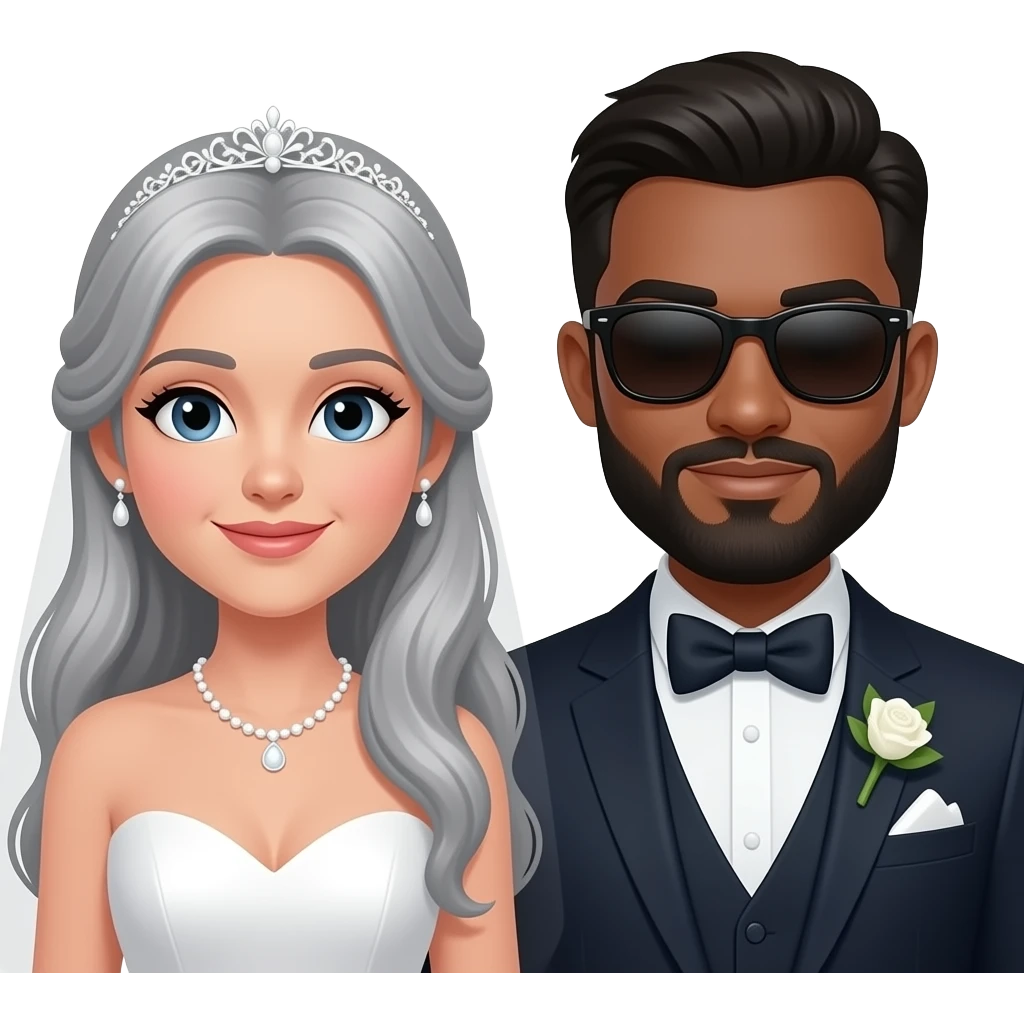 Pale skinned, grey haired bride and a white skinned, black haired, bearded groom with sunglasses on and a bowtie emoji