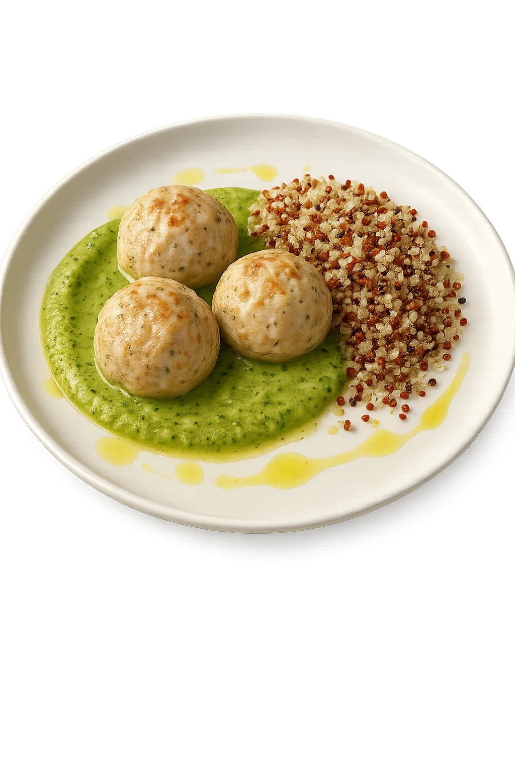 polpette di tacchino, purè di zucchine, quinoa e olio di oliva, iperrealistico 4k emoji