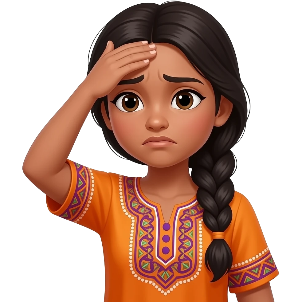 darkish brown skin, long black hair in a singular braid, orange kurti with purple and green patterns girl who slapping her forehead and frowning and crashing out. she is not wearing anything else emoji