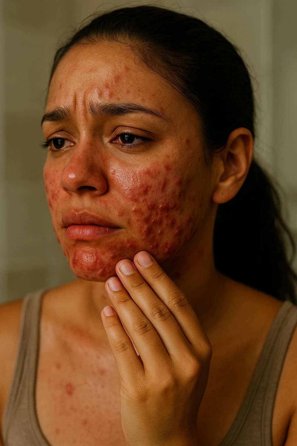 A highly realistic, cinematic portrait of a young woman in her late 20s with medium skin tone, showing visibly inflamed, deep cystic acne along her jawline, cheeks, and chin. Her skin appears red and irritated around the acne nodules, with noticeable swelling and tenderness, illustrating the painful nature of cystic acne linked to PCOS. Her facial expression shows discomfort and emotional distress, with slightly teary eyes as she gently touches an inflamed area on her jawline with her fingertips. Her hair is pulled back to clearly show the acne areas, and her skin has a slightly oily texture due to androgen-related sebum overproduction. The environment is a softly lit bathroom with neutral daylight, emphasizing the skin texture, redness, and deep acne. The style is realistic, 35mm cinematic photography with warm, neutral tones, soft shadows, and clear skin detail, providing a compassionate yet direct visualization of PCOS-related cystic acne emoji