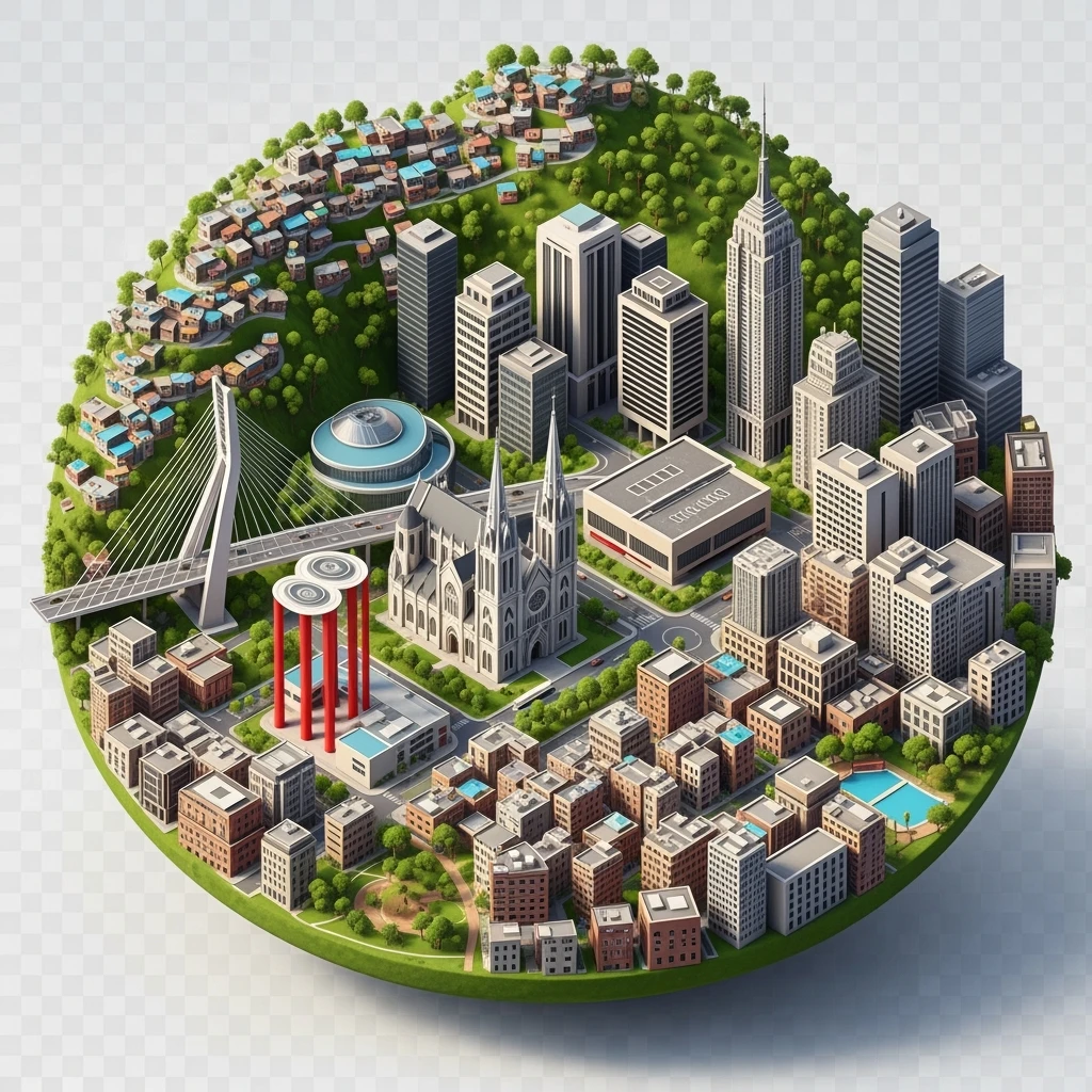 Isometric сircle miniature of São Paulo Catedral da Sé, MASP on red pillars, Octávio Frias Bridge, and Altino Arantes building, favelas on hillsides, dense chaotic urban blocks, and green parks 3D miniature effect and Tilt Shift effect, no cartoonish look, transparent background. emoji