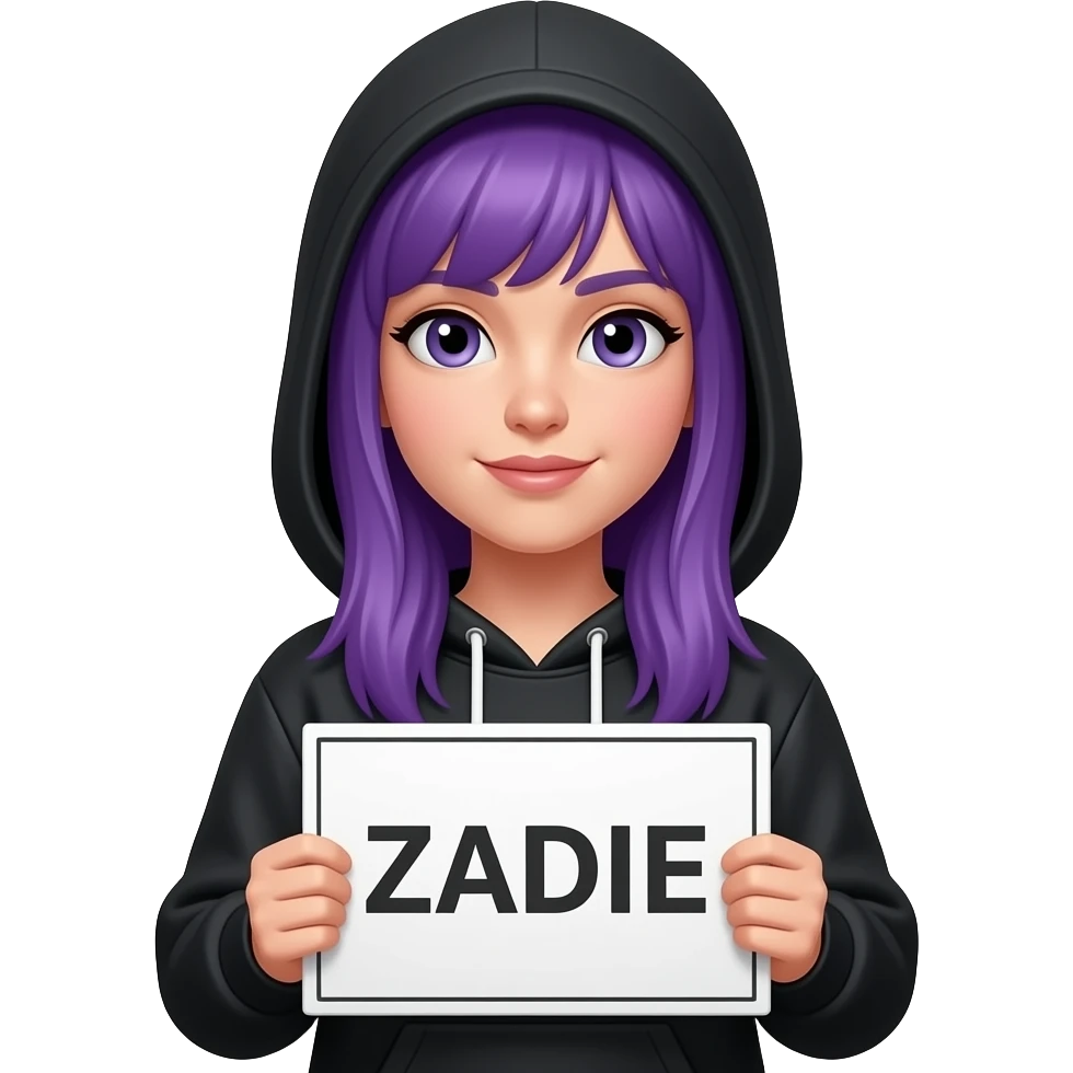 girl with long purple hair wearing a black hoodie with the hood atop her headholding a ZADIE sign emoji