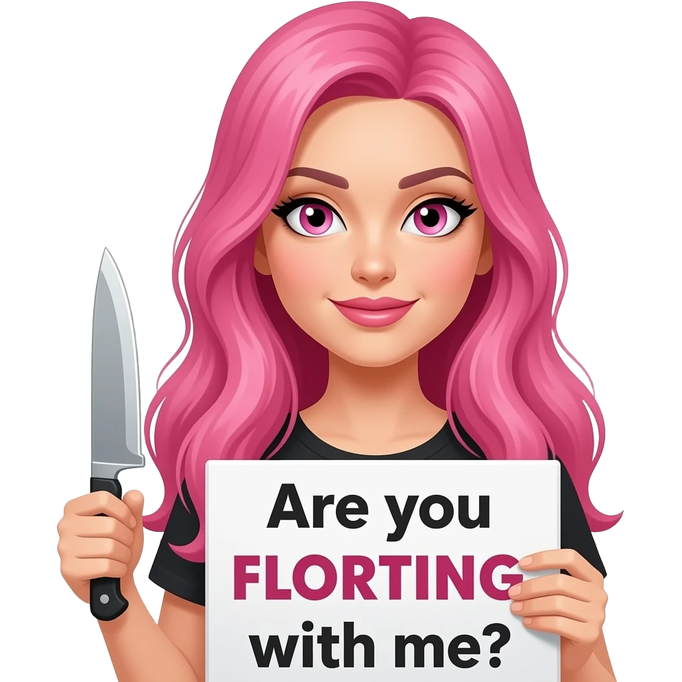 sexy girl with long pink hair and pink eyes wearing a holding a A KNIFE? Are you Flirting with me? sign emoji
