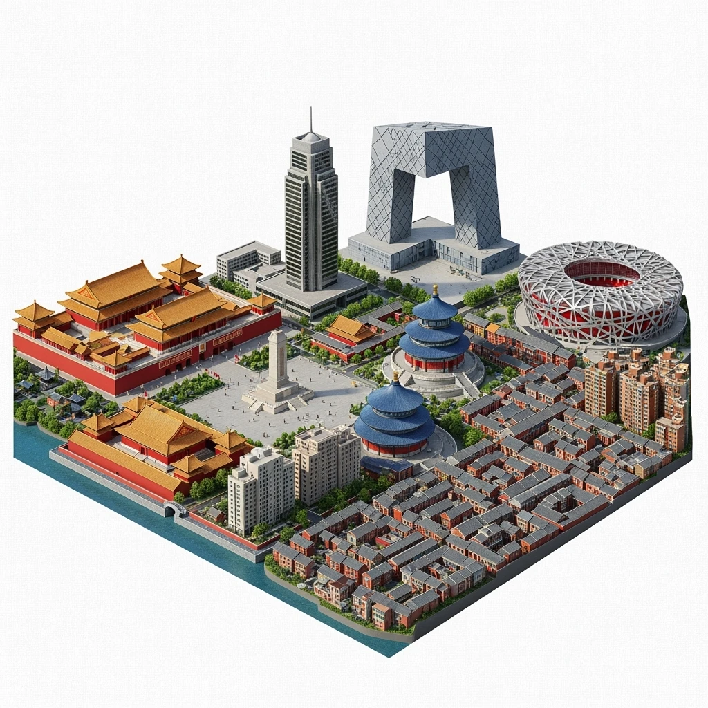 Isometric miniature of Beijing Forbidden City, Tiananmen Square, CCTV Headquarters, Temple of Heaven, Bird’s Nest Stadium and crowded hutong alleys, apartment blocks, 3D miniature effect and Tilt Shift effect, no cartoonish look, transparent background. emoji
