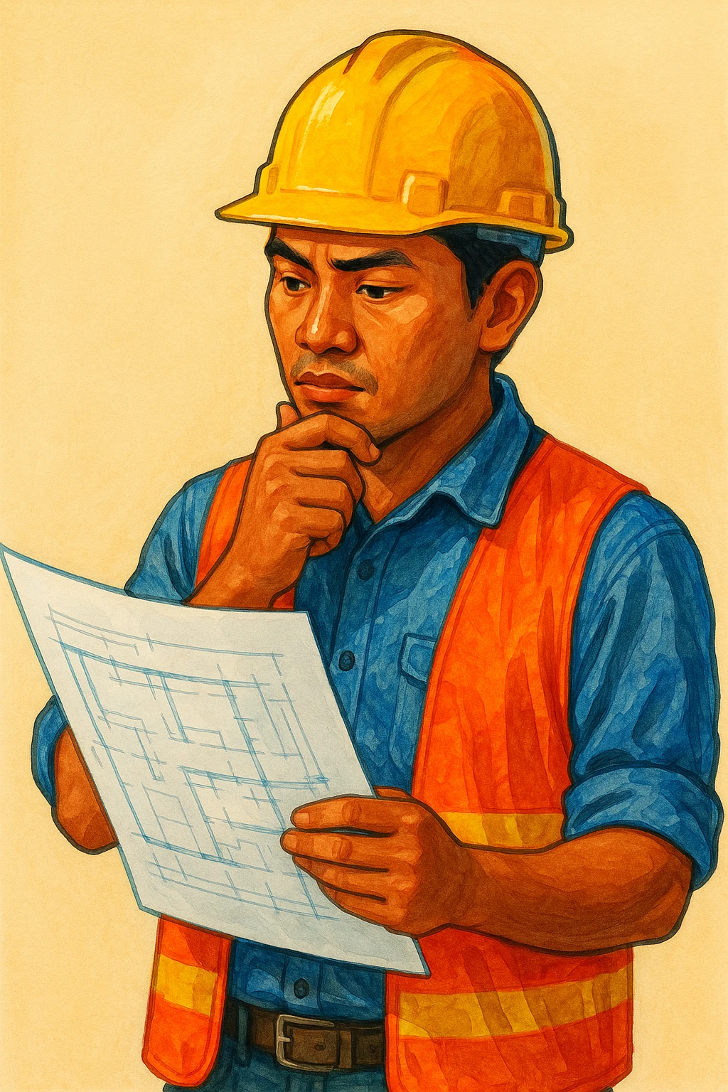 Сгенерируй мне индонезийца в чуть рисованном стиле, в каске и с чертежом в руках. По пояс. На однородном фоне. Он строитель и смотрит в чертеж и думает. Ярко, красиво, красочно emoji