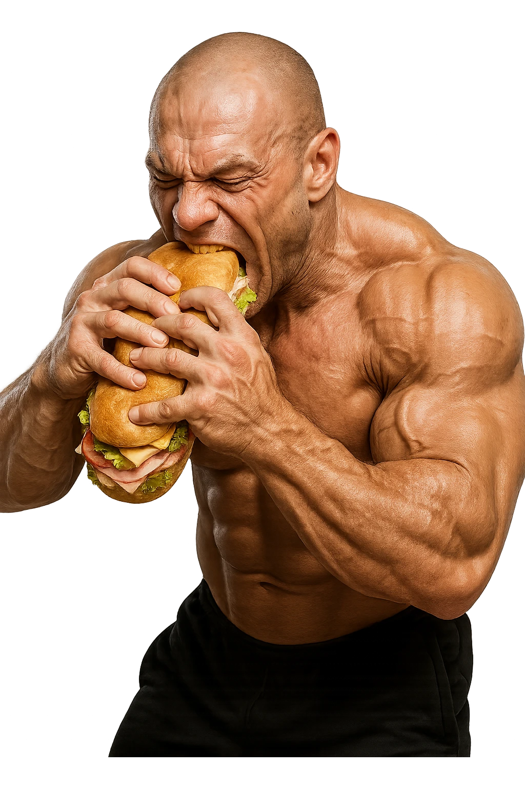 bodybuilder che mangia affamato un panino, iperrealistico 4k emoji