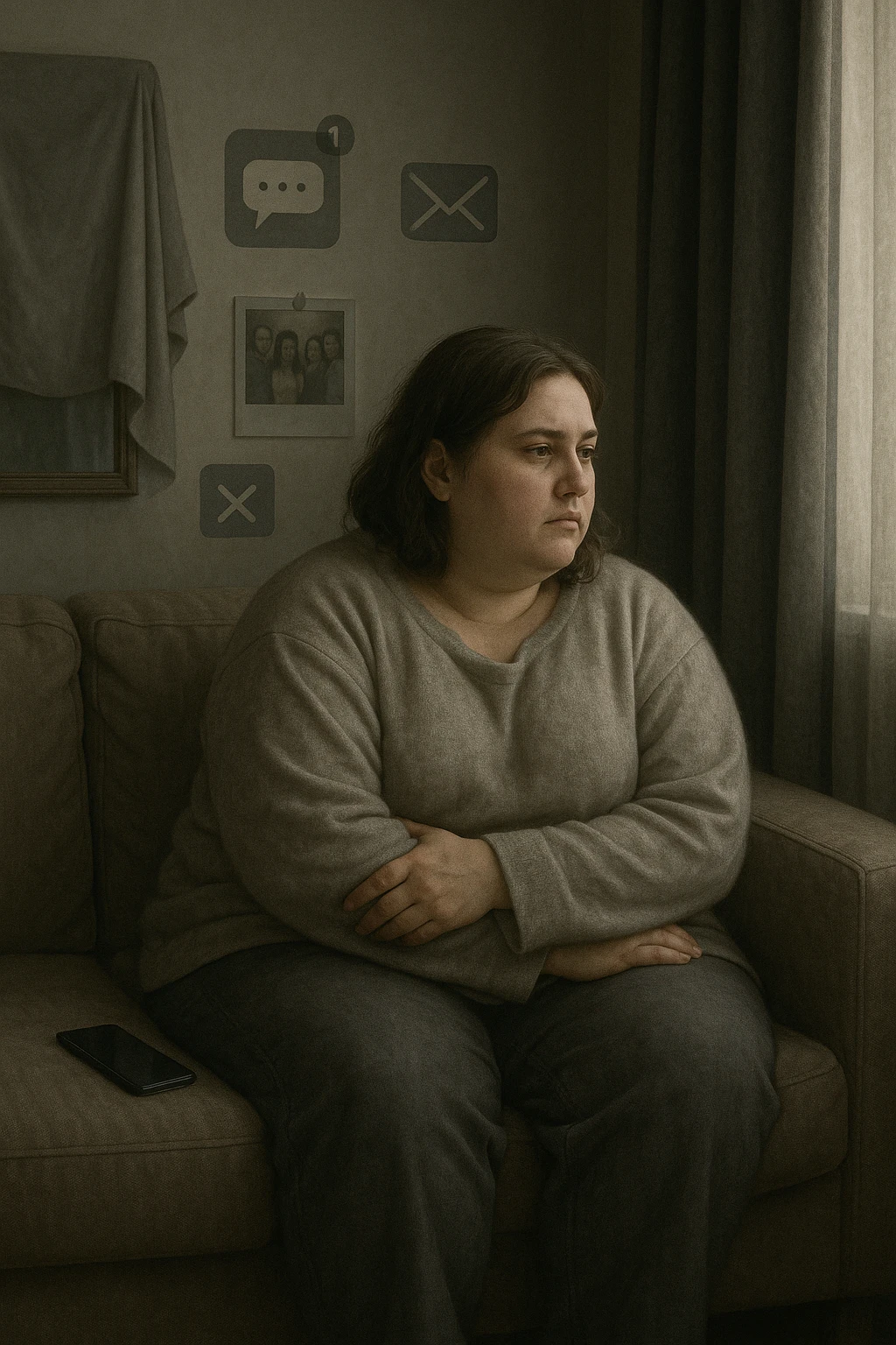 Donna tra i 30 e i 40 anni seduta sola su un divano, con espressione malinconica e corpo visibilmente appesantito. Indossa abiti larghi, avvolgenti, e guarda fuori dalla finestra mentre il telefono è spento o con notifiche ignorate accanto a lei. Sullo sfondo, si notano segnali di vita sociale assente: messaggi non letti, inviti ignorati, foto di gruppo a cui non partecipa. L’atmosfera è silenziosa, con luce grigia e ambiente spento. Intorno a lei, simboli di ritiro e insicurezza: tende chiuse, specchio coperto, postura chiusa. Stile realistico, tono delicato ed emotivo emoji