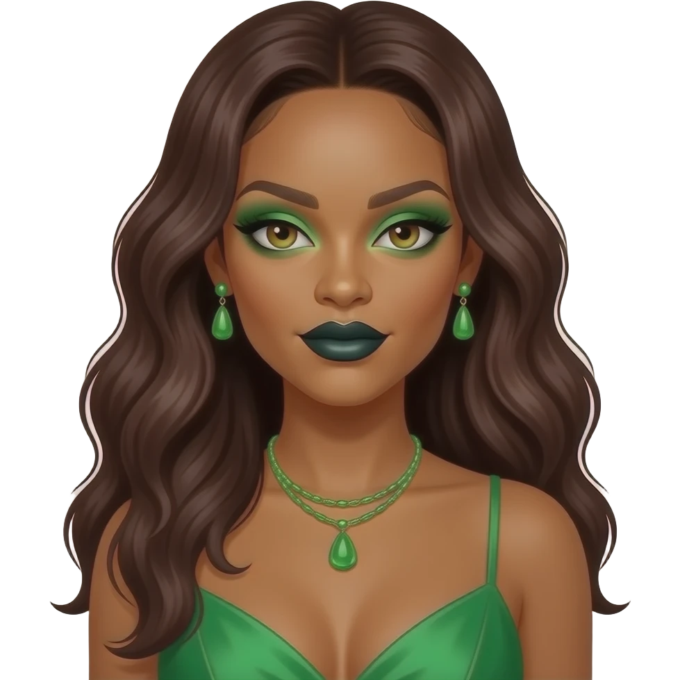 Rihanna with hazel-green eyes, long dark auburn hair, green eyeshadow, black lipstick, green dress, green necklace and earrings emoji