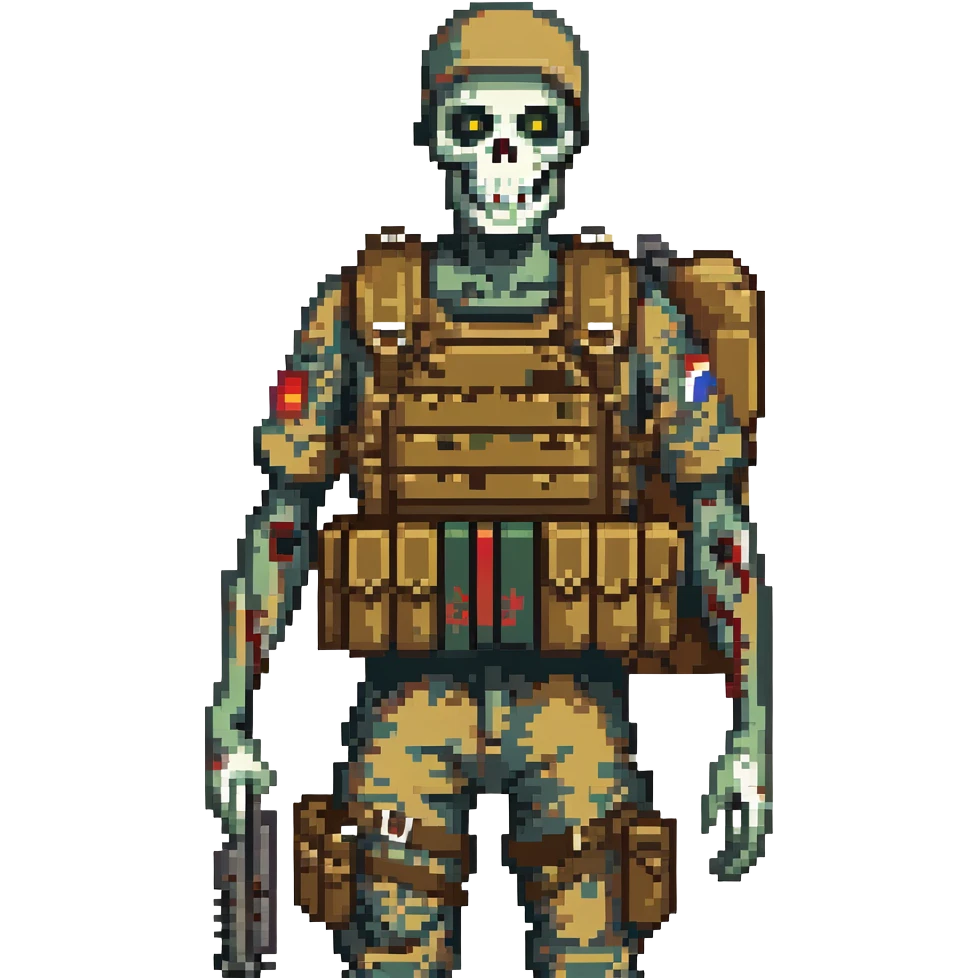 A zombie undead soldier, he has a bdu camouflaged uniform with a tan plate carrier, undead, leaned over posture, zombie, partially skeleton emoji