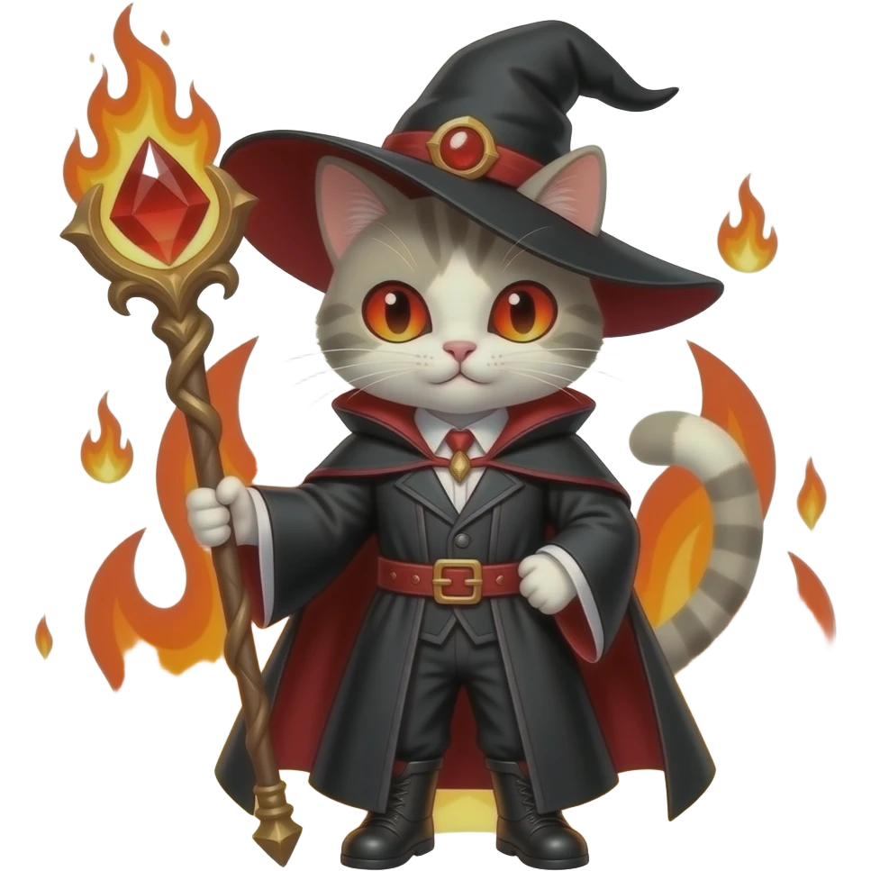 cat fire wizard, fire elements red eyes, staff with firey red gem, black and red outfit emoji