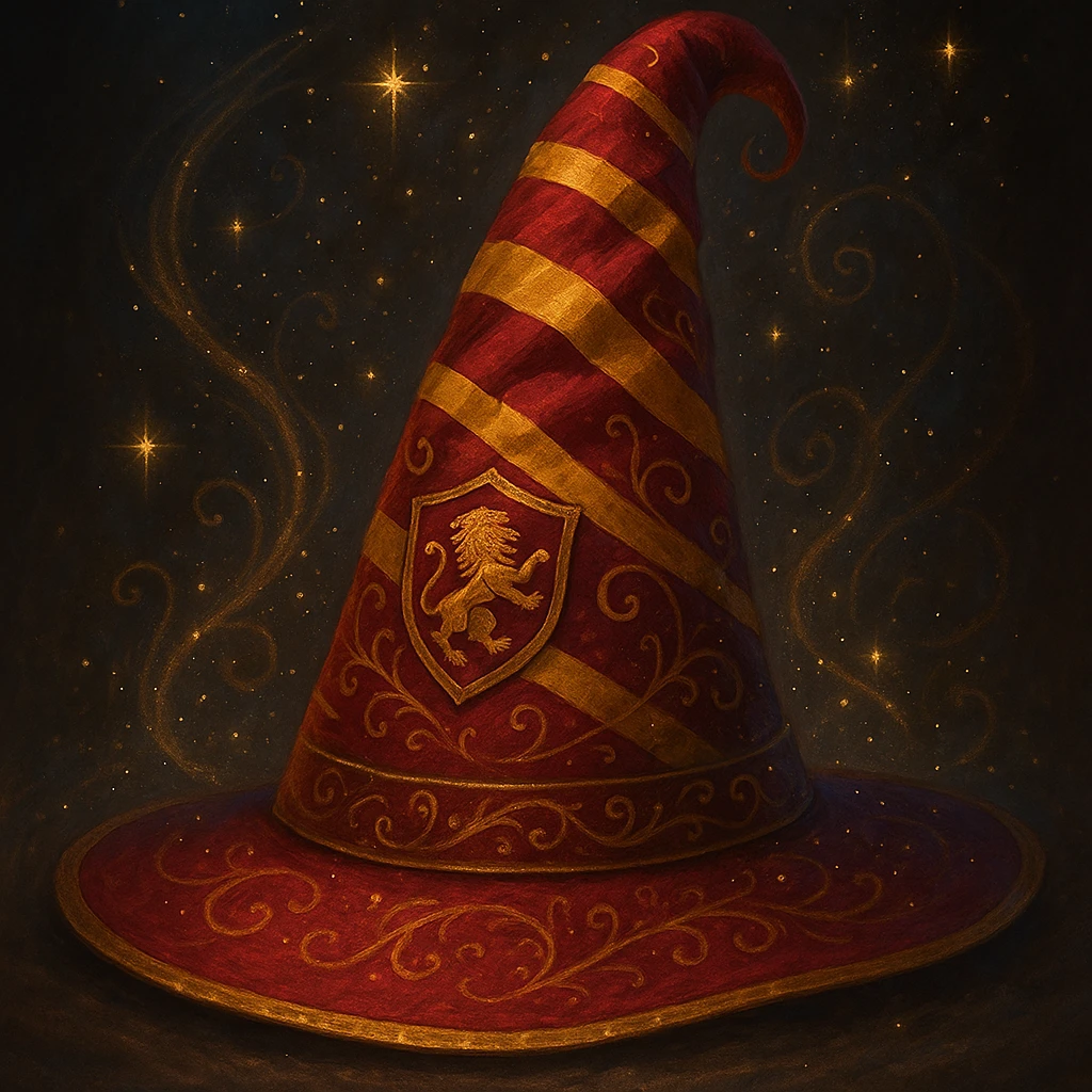 wizard hat with Gryffindor colors, Harry Potter theme, enchanting look emoji