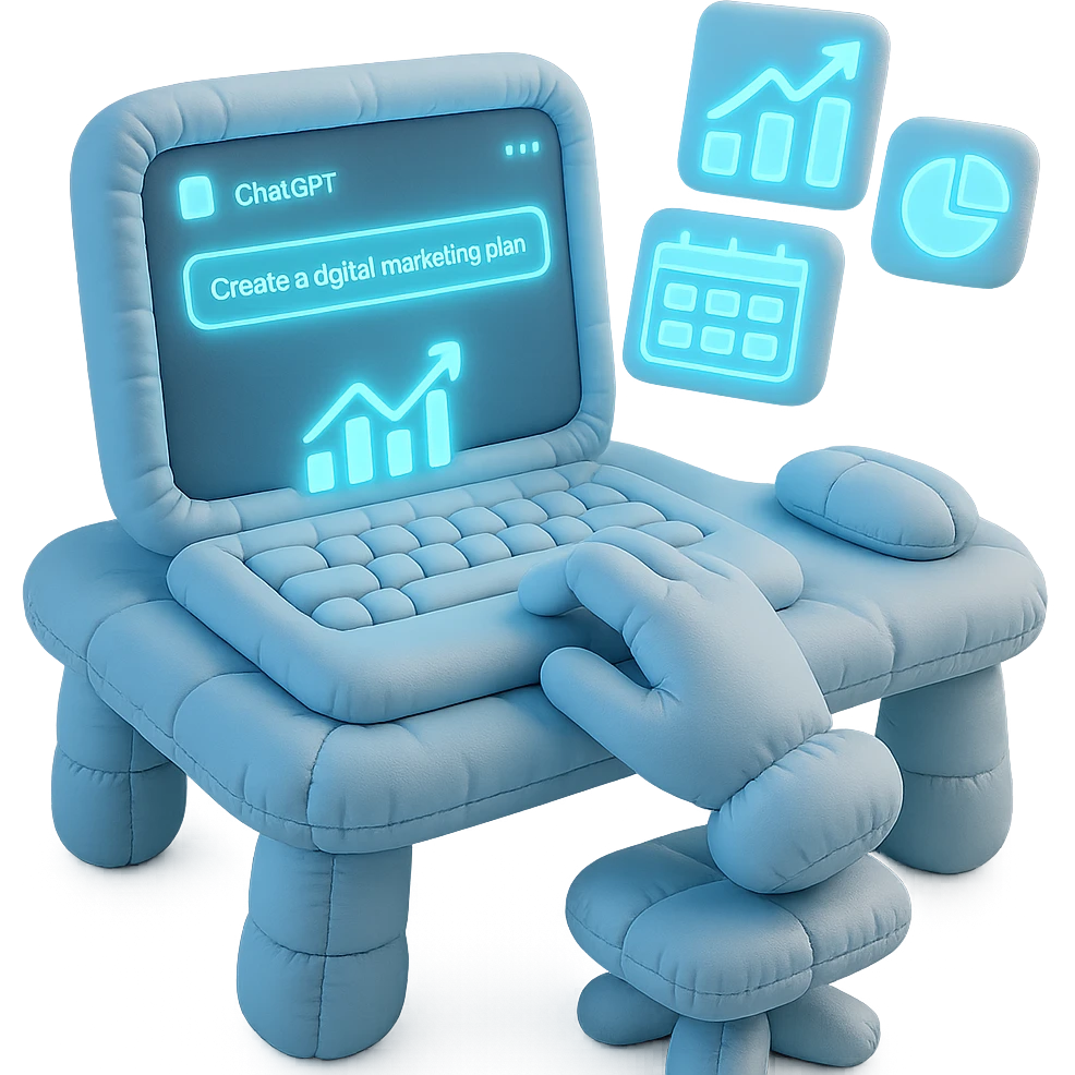A sleek, modern workspace in neon blue lighting. A hand types ‘Create a digital marketing plan’ into an AI chatbot interface (ChatGPT-style), and the screen glows with graphs, content calendars, and digital marketing charts animating out of the screen in a 3D futuristic style. High-tech background, cinematic lighting.” emoji