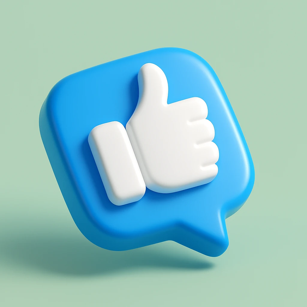 Change the background to a soft green, keep the 3D thumbs up like icon, white thumb on bright blue speech bubble, modern social media style, floating, high gloss, minimal design, centered, 3D Blue style. emoji