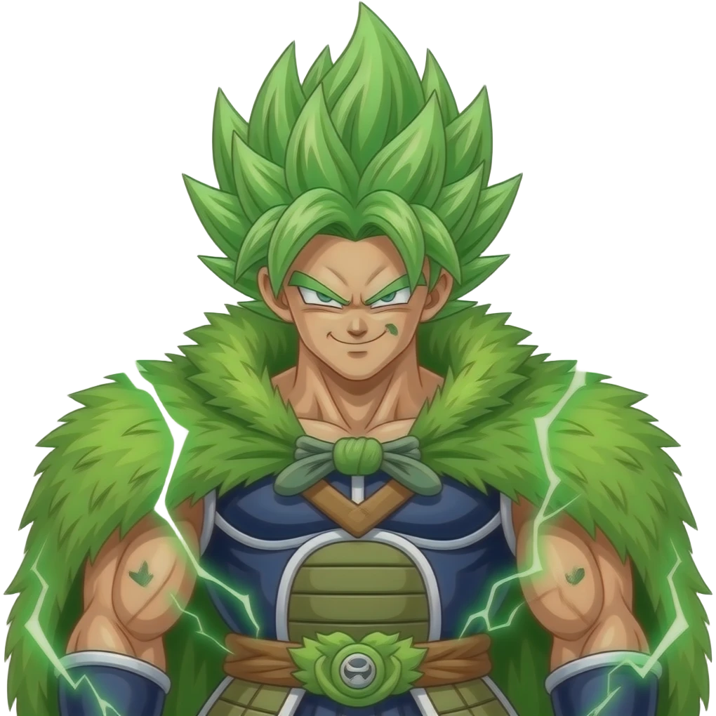 Un broly super poderoso y musculoso con capa peluda y verde y el pelo de un verde florescente y rayos verdes al alrededor emoji