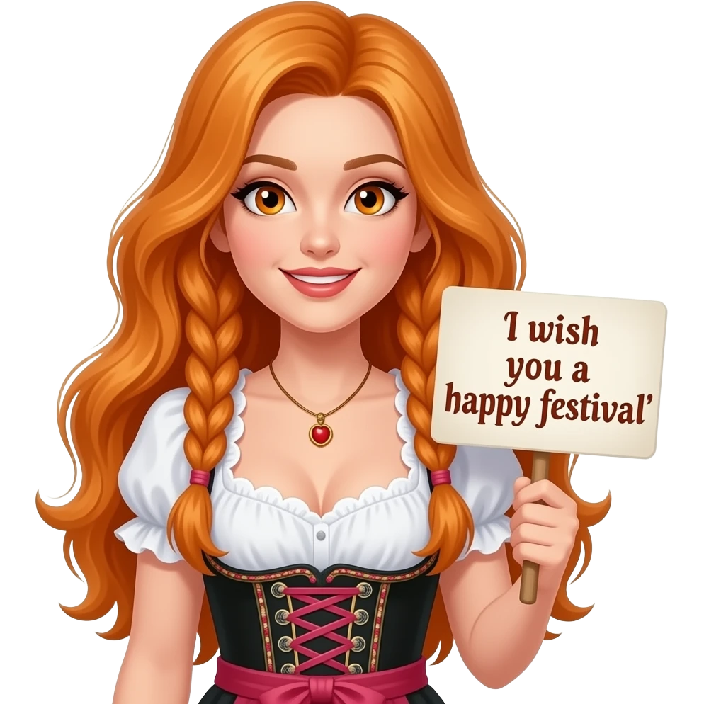 sexy girl with overlong ginger hair in braids and ginger eyes wearing a dirndl holding a I WÜNSCH DIR A FROHES FEST sign emoji