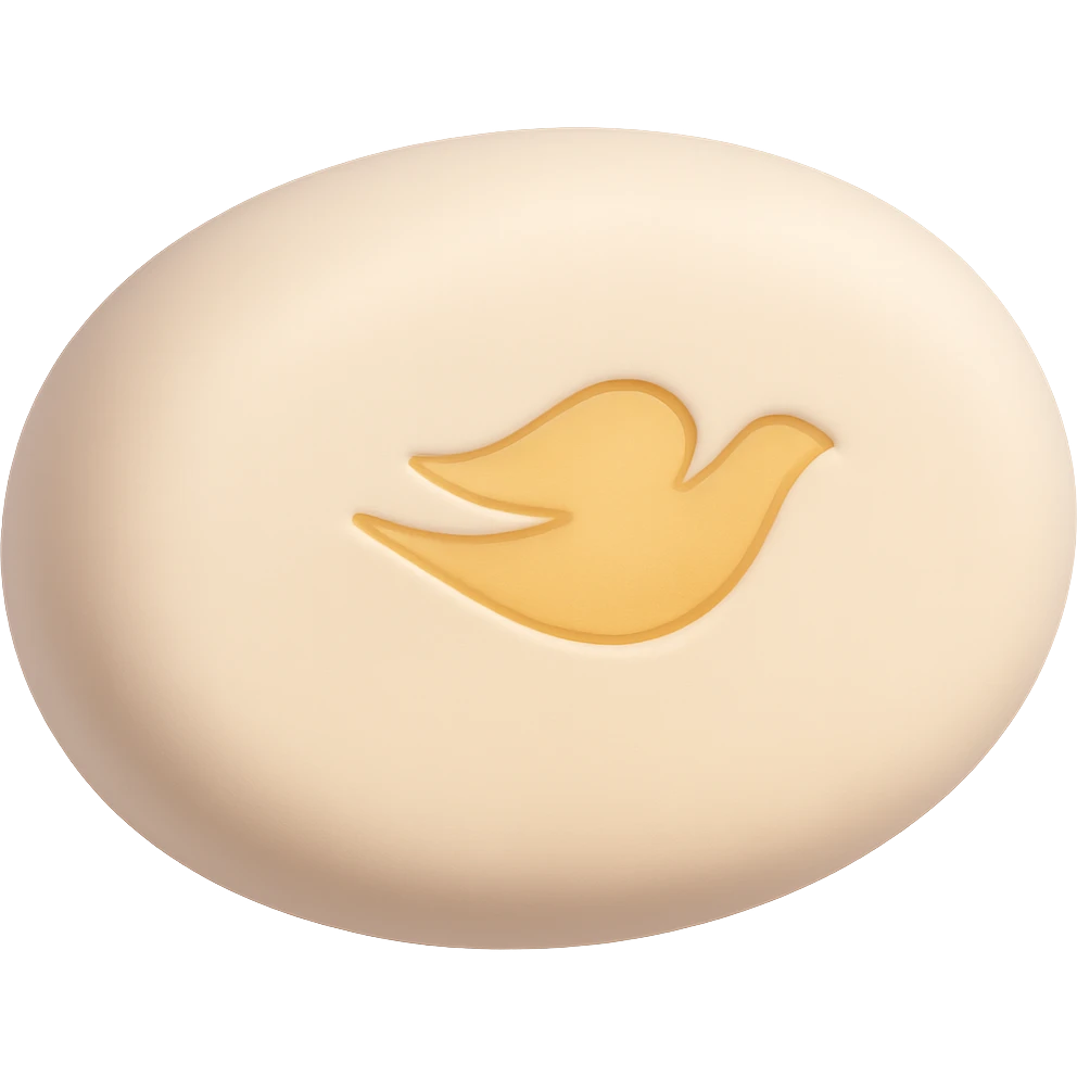 soft illustration style oval Dove soap bar with golden dove logo, transparent background emoji