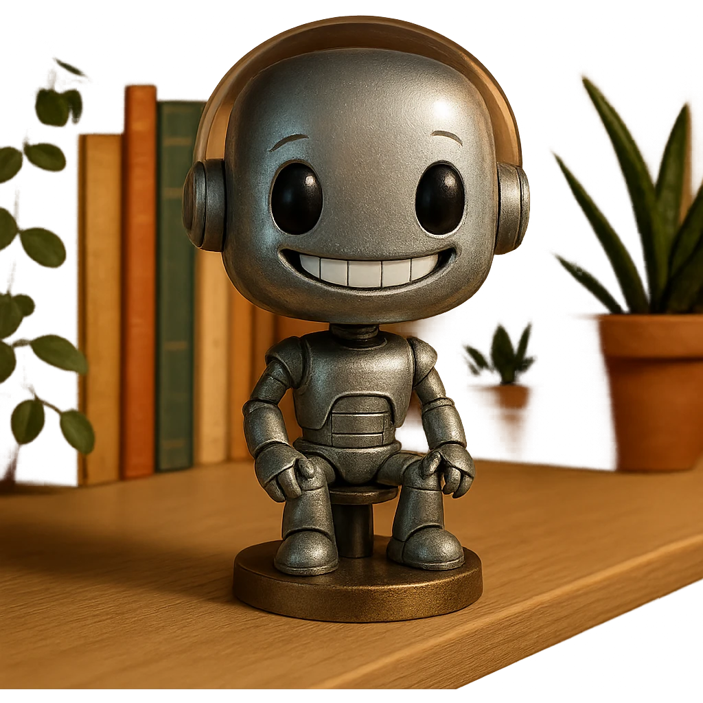 smiling robot, metallic body, oversized head emoji