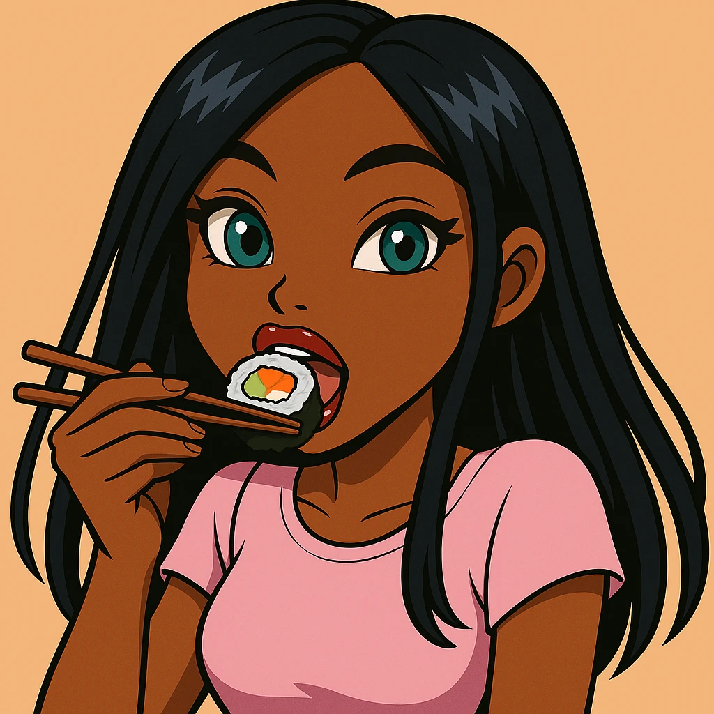 Change the pose to a 20-year-old anime Bratz style woman with dark skin, straight hair, trendy outfit, big expressive eyes, glossy lips, no hat, no tears, happy expression, both eyes open, looking straight ahead, eating a California roll with chopsticks, headshot only. emoji