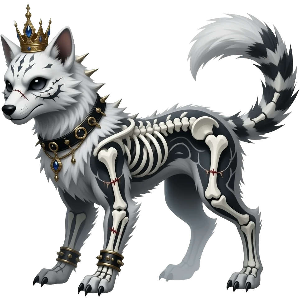 Rich wealthy royal smexy spiky punky gothic bleak swampy white-skeletal gloomy dark pale albino foggy eldritch beautiful realistic edgy fantasy ghoul-like stitched vernid-sergal-fursona animal creature with a tufted tail full body with intricate markings emoji