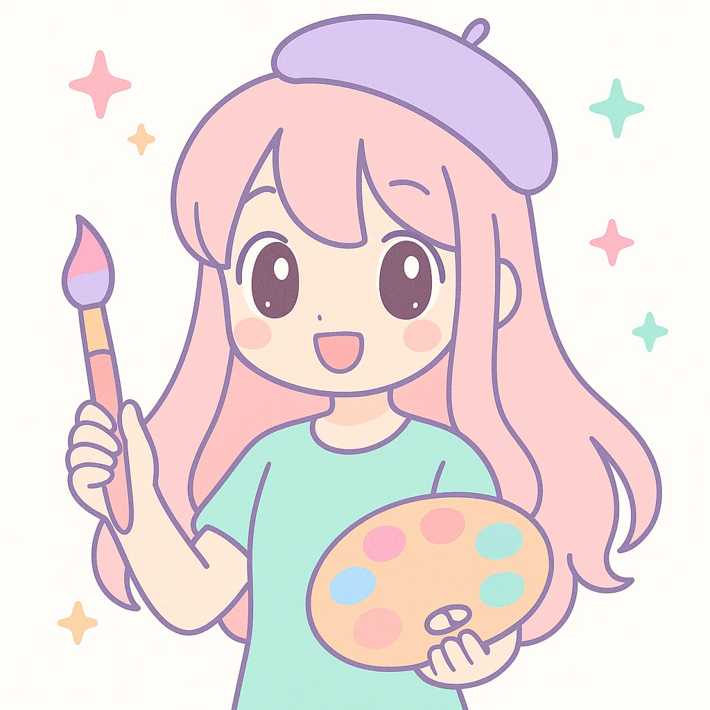 jeune artiste aux cheveux longs, mignon, style manga lumineux emoji