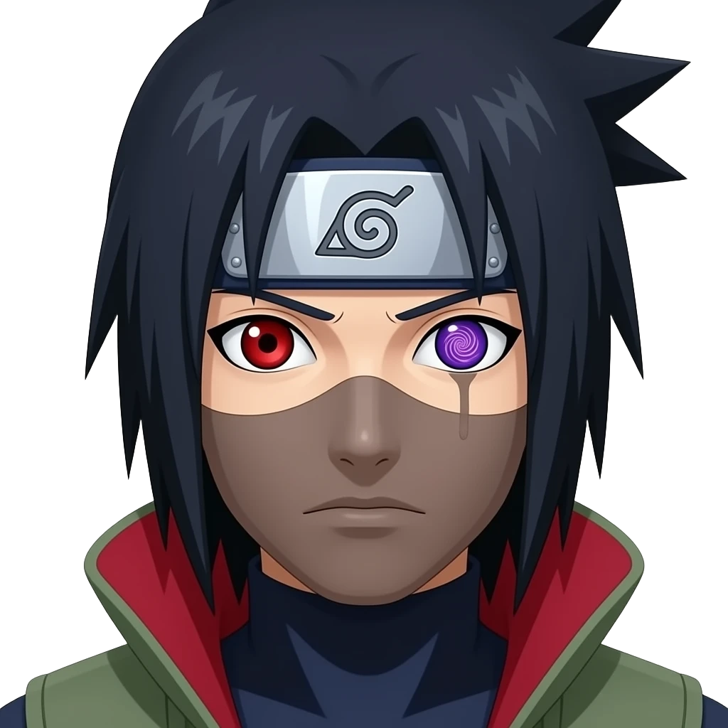 Sasuke Uchiha with red 3 tomoe sharingan  in one eye and purple riple pattern rinnegan in another eye emoji