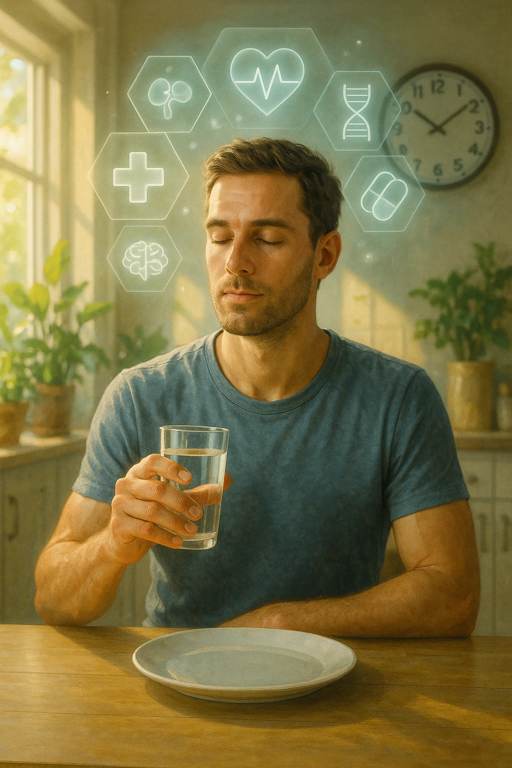A realistic, cinematic illustration of a healthy, calm man in his early 30s sitting in a bright kitchen in the morning, with an empty plate in front of him and a glass of water in his hand, looking serene and focused. Behind him, the background shows subtle symbols of health: green plants, sunlight streaming in, and a blurred wall clock showing 10:00, symbolizing the fasting window. Above the man, a translucent overlay of medical icons (heart, brain, DNA strand) glows softly, illustrating that intermittent fasting acts as a powerful medicine, not merely a diet. The color palette is fresh and natural, emphasizing health, clarity, and focus. The style is realistic with slight cinematic tones, conveying that the man is using intermittent fasting as a tool for cellular regeneration, inflammation reduction, and health optimization rather than weight loss emoji
