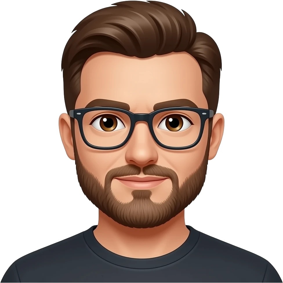 white man with short brown hair. brown eyes. beard. glasses emoji