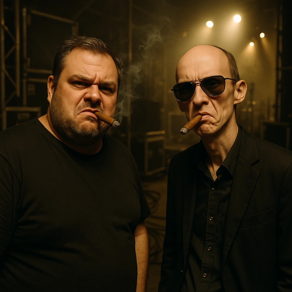 Par de personas que trabajan en la industria musical (hombre robusto de 40 años y otro hombre flaco calvo y con lentes de sol), parados conversando en el backstage de un concierto, con aires de superioridad, mientras se fuman un cigarro, mientras miran a la cámara (músico) de forma despectiva y burlona emoji