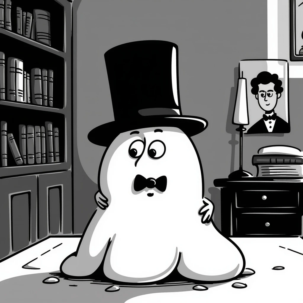 A whimsical, cartoonish 'goop' creature wearing a Victorian gentleman's black top hat, melting slightly over the brim, with expressive eyes peeking out. The background is a muted 19th-century study with warm lighting and leather books. emoji