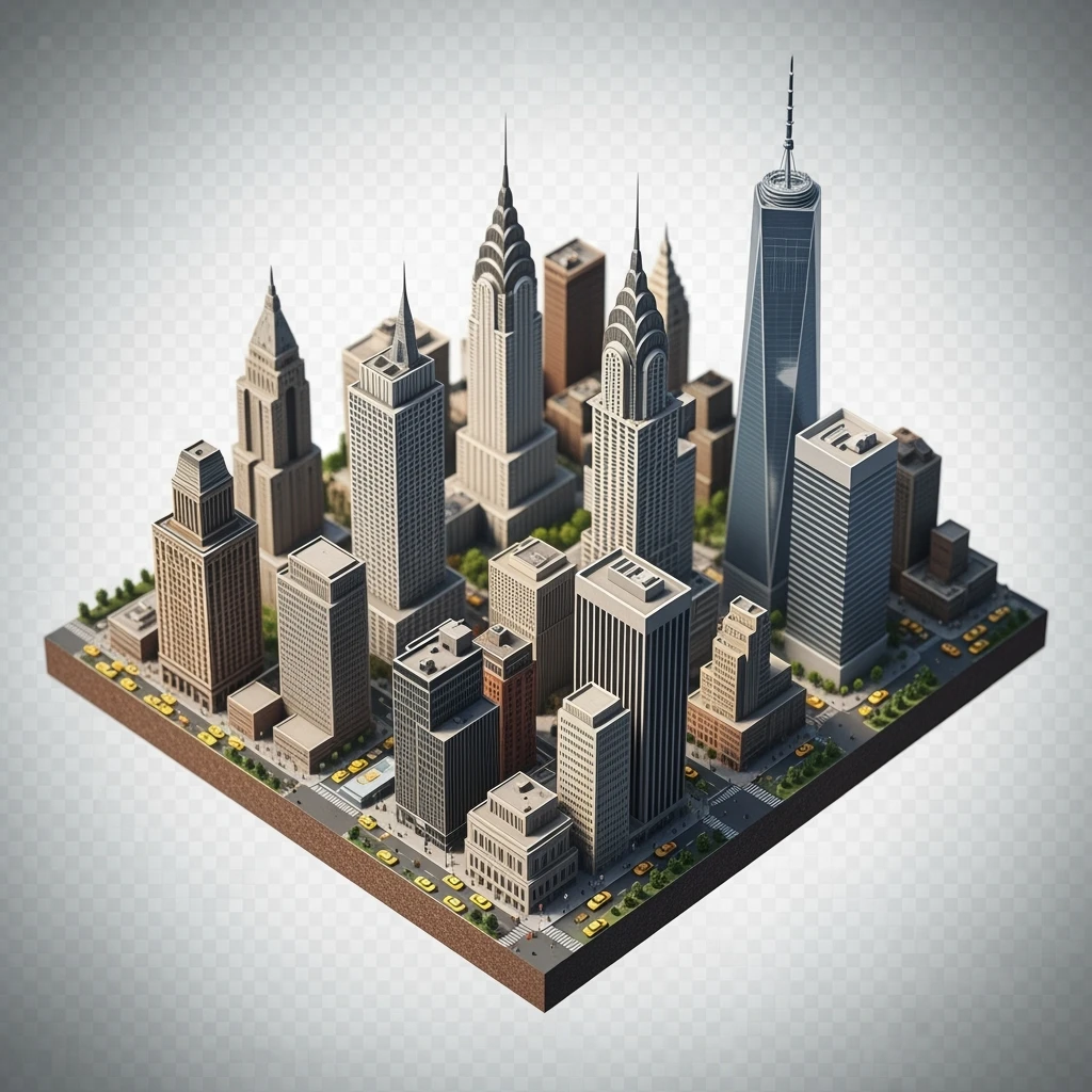 Isometric miniature of New York city 3D miniature effect and Tilt Shift effect, no cartoonish look, transparent background. emoji