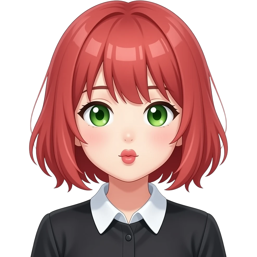 anime girl kissy face red hair green eyes black blouse with white collar emoji