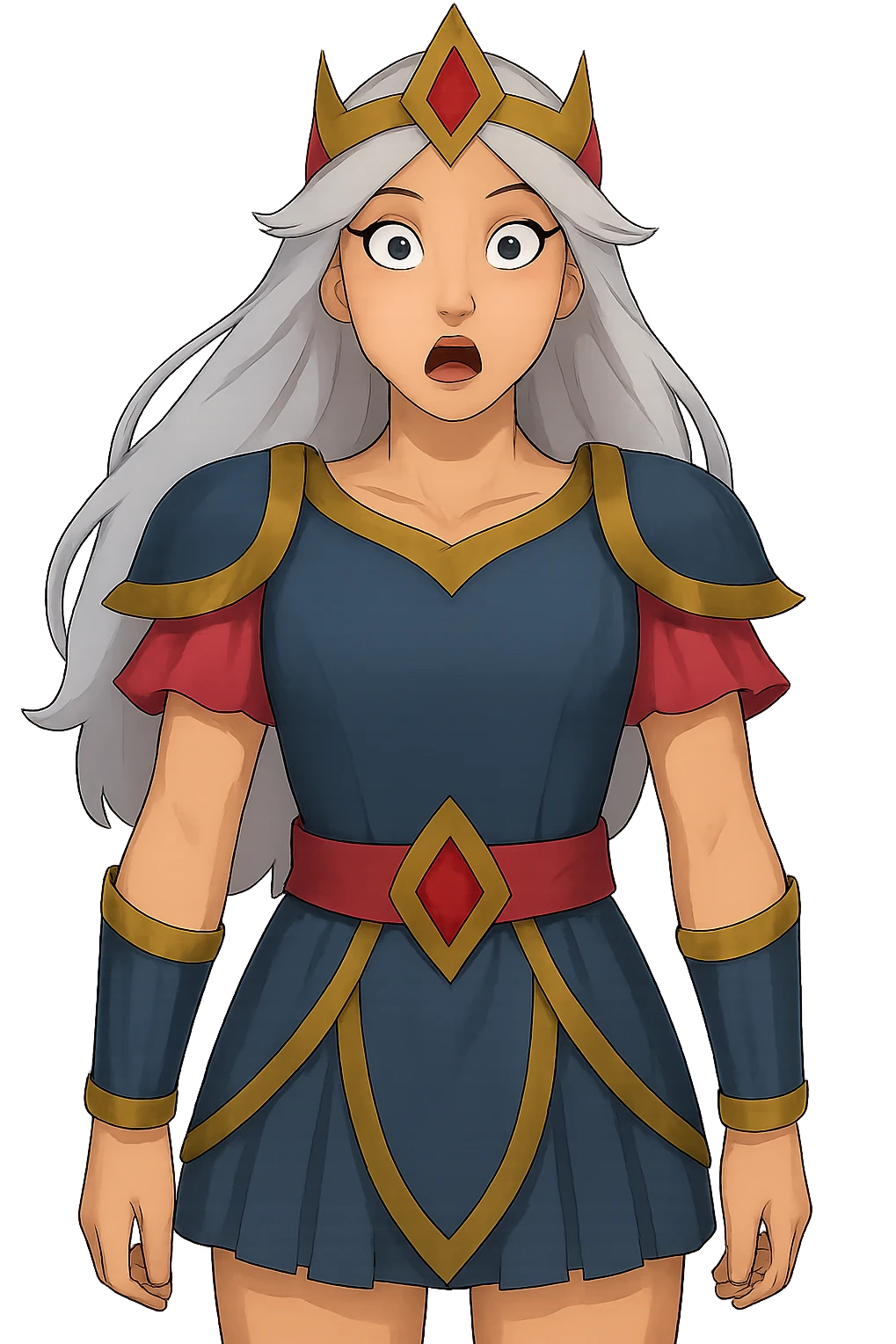 Change the character's face to a surprised expression, keep the pose and style the same, transparent PNG. emoji