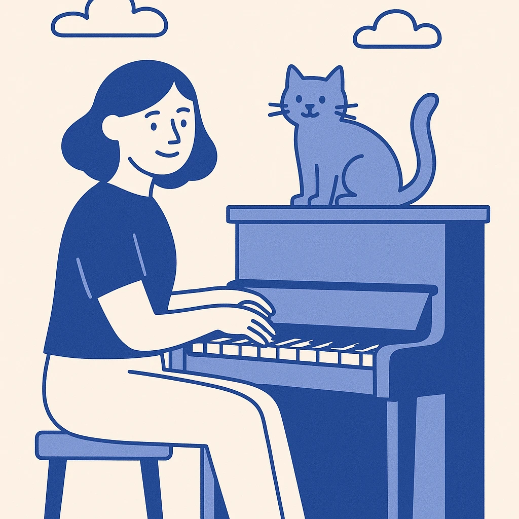 woman playing piano while her cat sits on top of the piano emoji