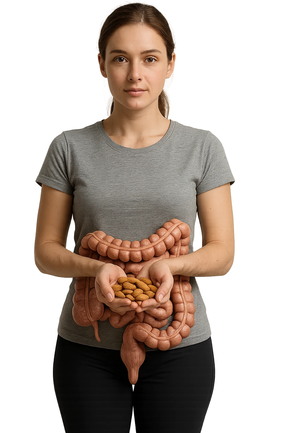 DONNA REALISTICA IN PIEDI CON INTESTINO UMANO ANATOMICO IN EVIDENZA CHE TIENE UNA MANCIATA DI MANDORLE NELLE MANI, iperrealistico 4k, SFONDO BIANCO emoji