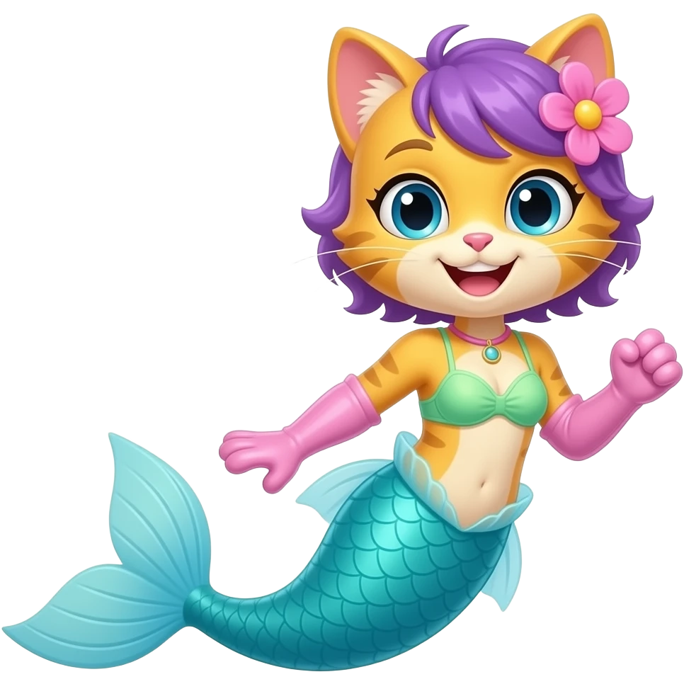 femboy yellow furry  cat  happy light blue  mermaid tail  and long light pink gloves light green swimsuit pink flower with purple hair emoji
