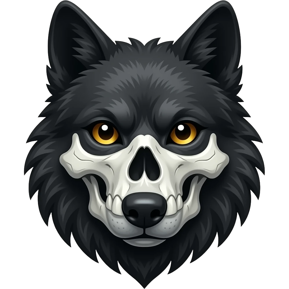 Anthropomorphic edgy cool badass black wolf with a white upper muzzle skull part, skull face emoji