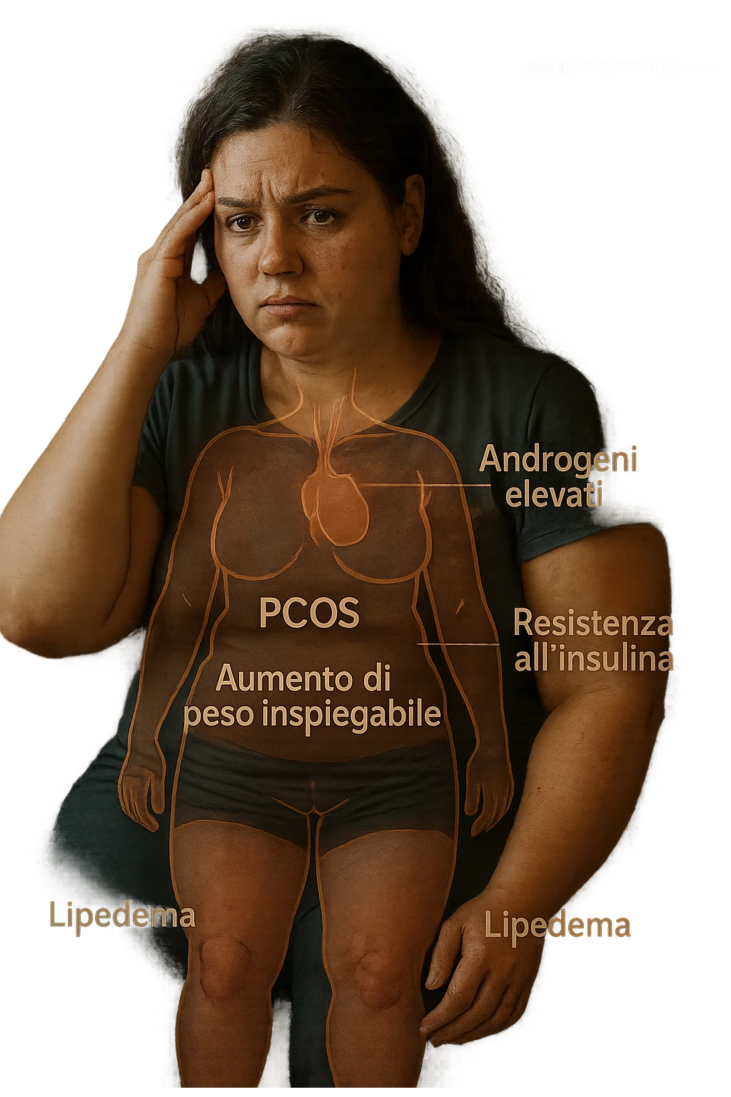 cinematic realistic in italiano Woman with PCOS struggling with hormonal chaos, transparent overlay showing elevated androgens and insulin resistance affecting her body, lipedema causing disproportionate fat accumulation in legs and arms despite normal torso, expression of frustration with unexplained weight gain, medical charts showing complex endocrine dysfunction, painful swollen limbs contrasting with metabolic confusion in italiano emoji