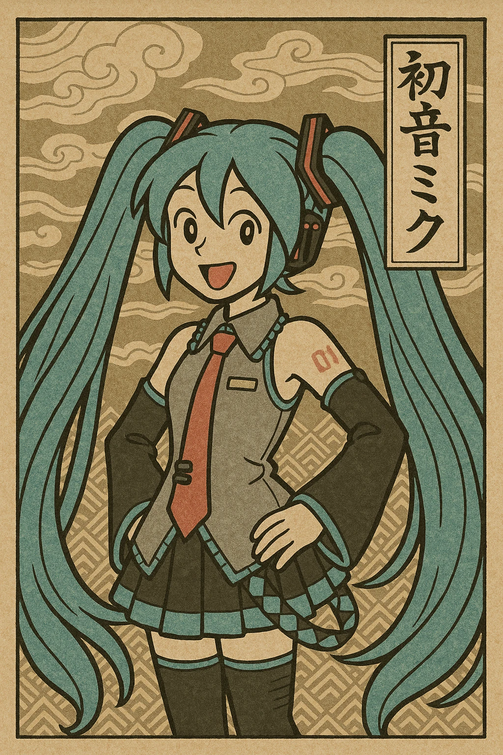 Hatsune Miku anime style, twin turquoise pigtails, futuristic outfit, cheerful expression emoji
