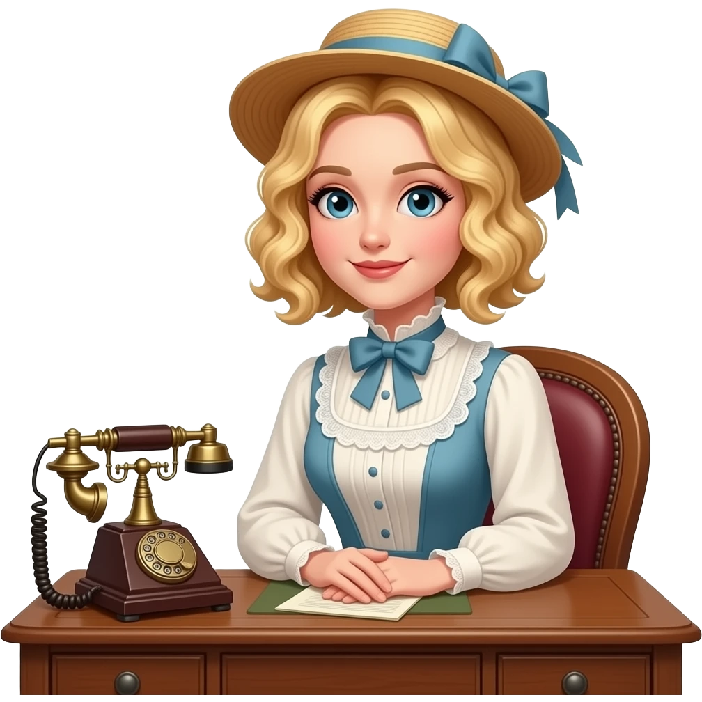 blonde tight curly sidewept bob sitting on an antique desk with antique phone 1800 dress and matching hat emoji