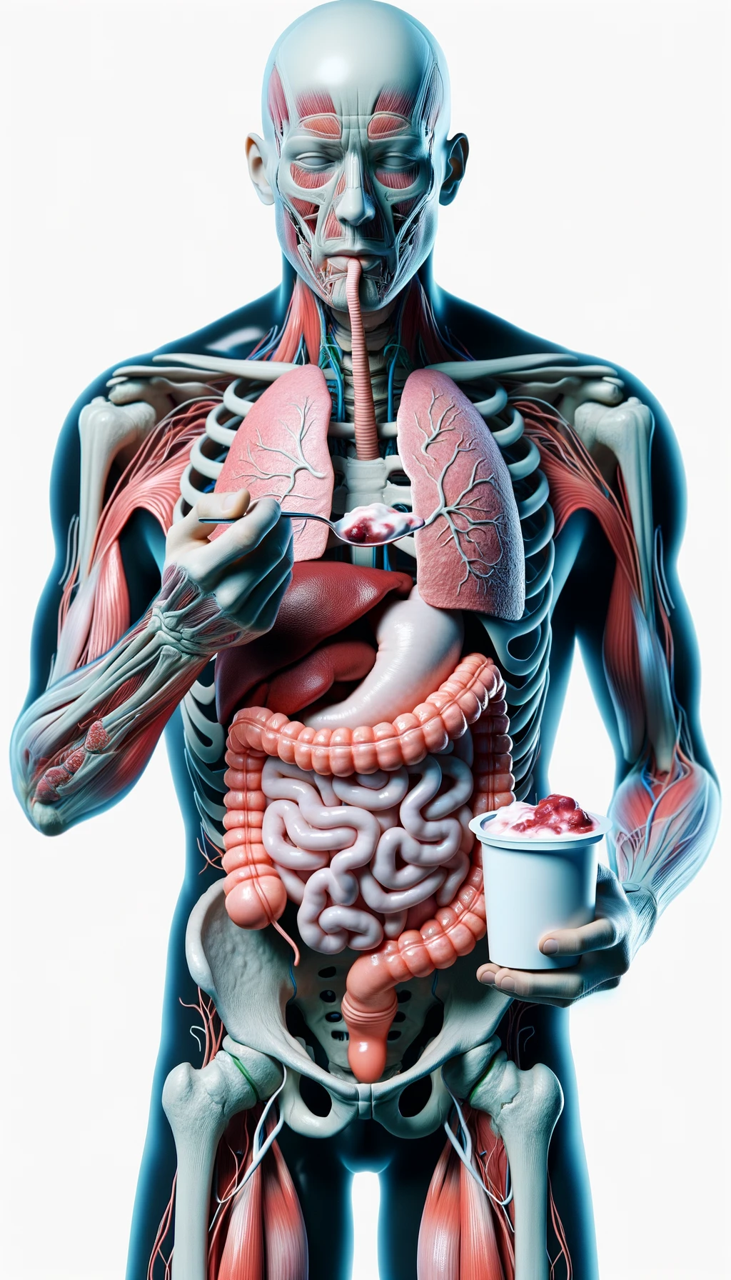 corpo umano anatomico con intestino in evidenza mentre mangia uno yogurt con espressione neutra in volto, iperrealistico 4k, isolato su sfondo bianco emoji