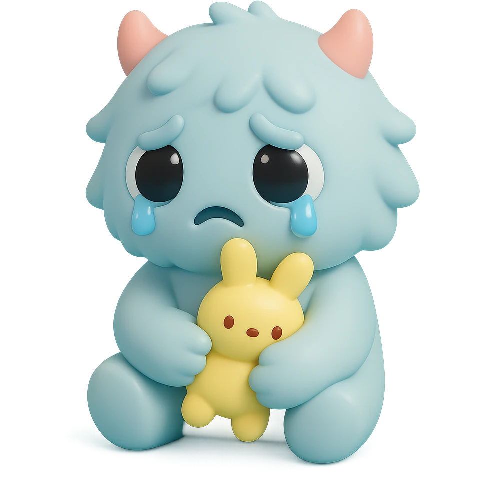 fluffy monster with oversized eyes, tears falling, comforting itself with a plush toy, gentle colors, vinyl figure style emoji