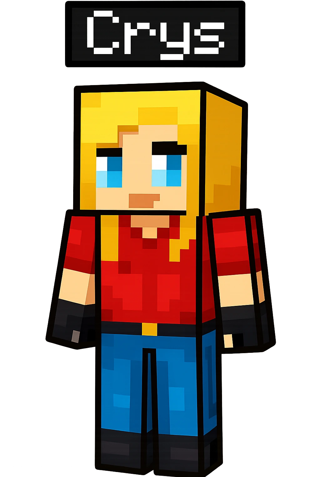 Extract the second character from the left with blonde hair and blue and red outfit labeled 'Crys' as a fully visible, separate image with a transparent background, keeping the original Minecraft cartoon style and appearance. emoji