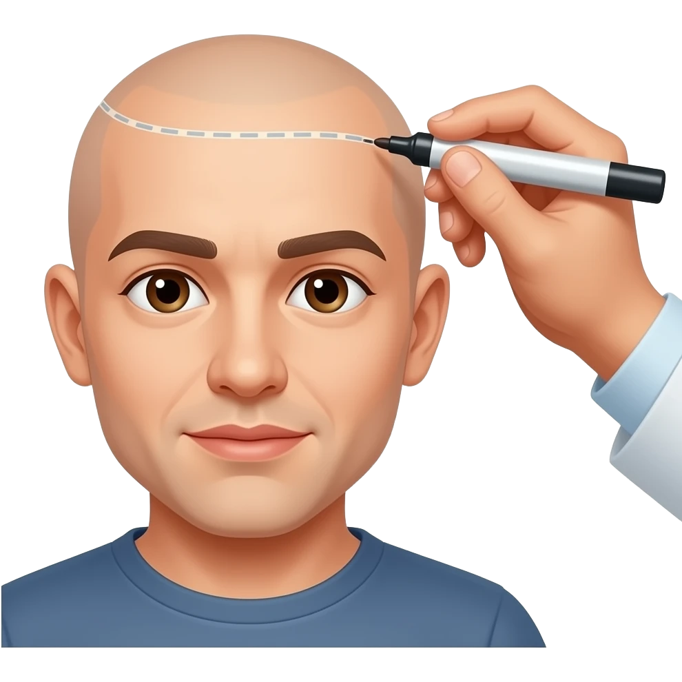 Hair transplant director with patient.There shoul be two person One should be bold and director must be hold skin marker and trying to make front line for bold guy emoji