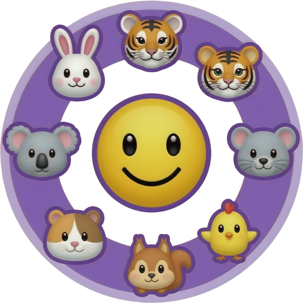Same with this design.Yellow Smiley in the centre. The smiley  with white and purple background, circle form ,serrounded by the head only of these symbols: 🐰🐯🐨🐈🐹🐿🐥 Small size. Bright yellow background, bright purple outlines emoji