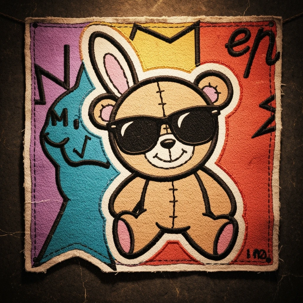 emo banner with stitched patch, cute, expressive emoji