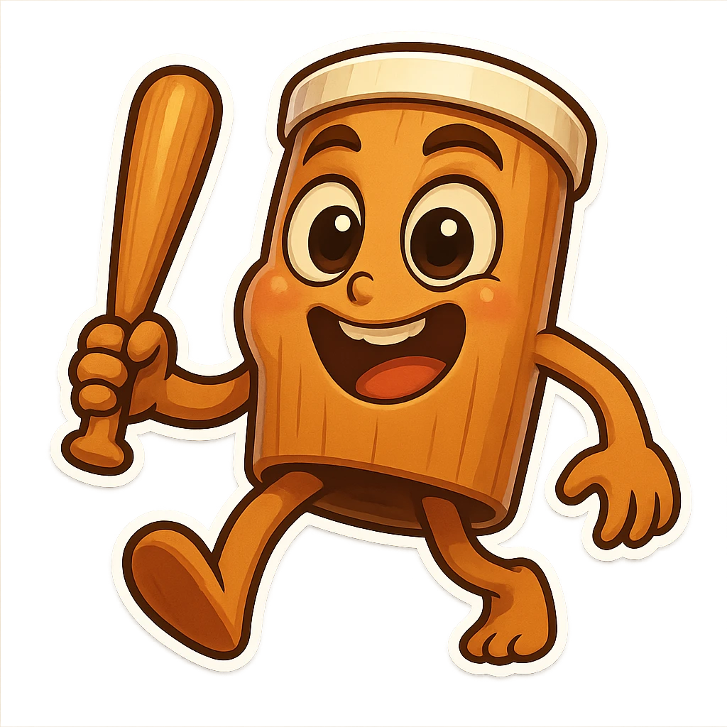 chibi emoji of Tun Tun Suhoor, wooden stick body with smooth brown texture, drum-like cylindrical body, holding baseball bat, cartoon style, bright vivid colors, expressive face, dynamic pose, a bit creepy yet funny,  emoji